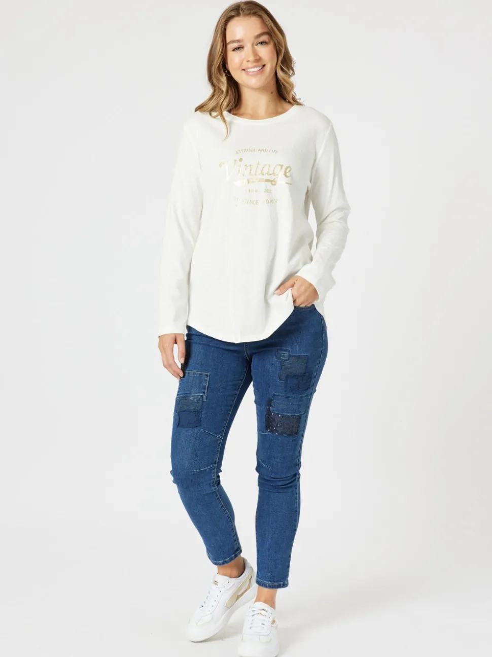 Vintage Long Sleeve Print Tee - White/Gold