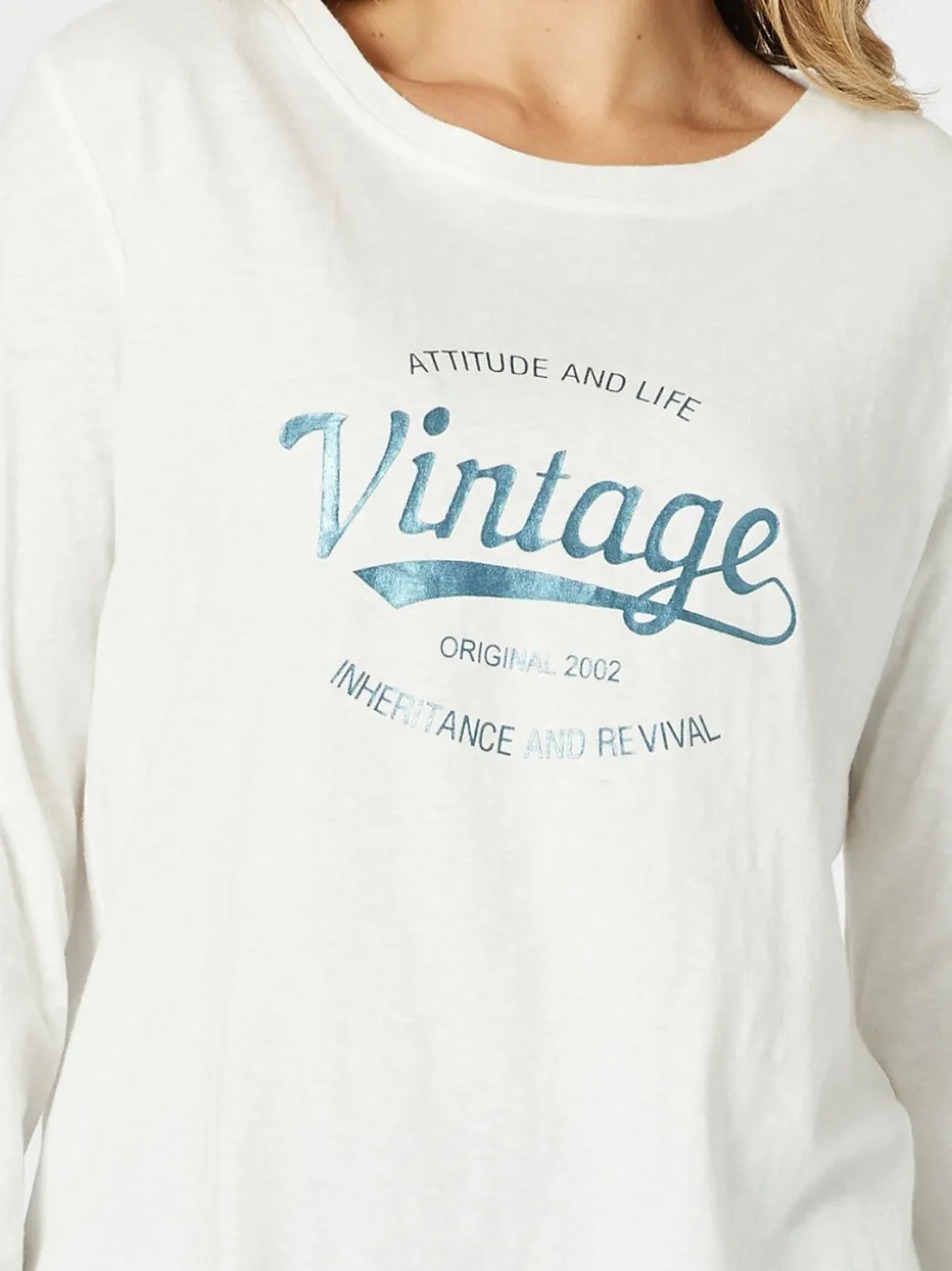 Vintage Long Sleeve Print Tee - White/Denim