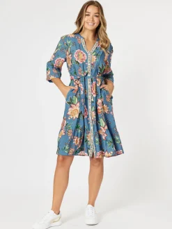Vintage Rose Floral Print Button Dress - Multi